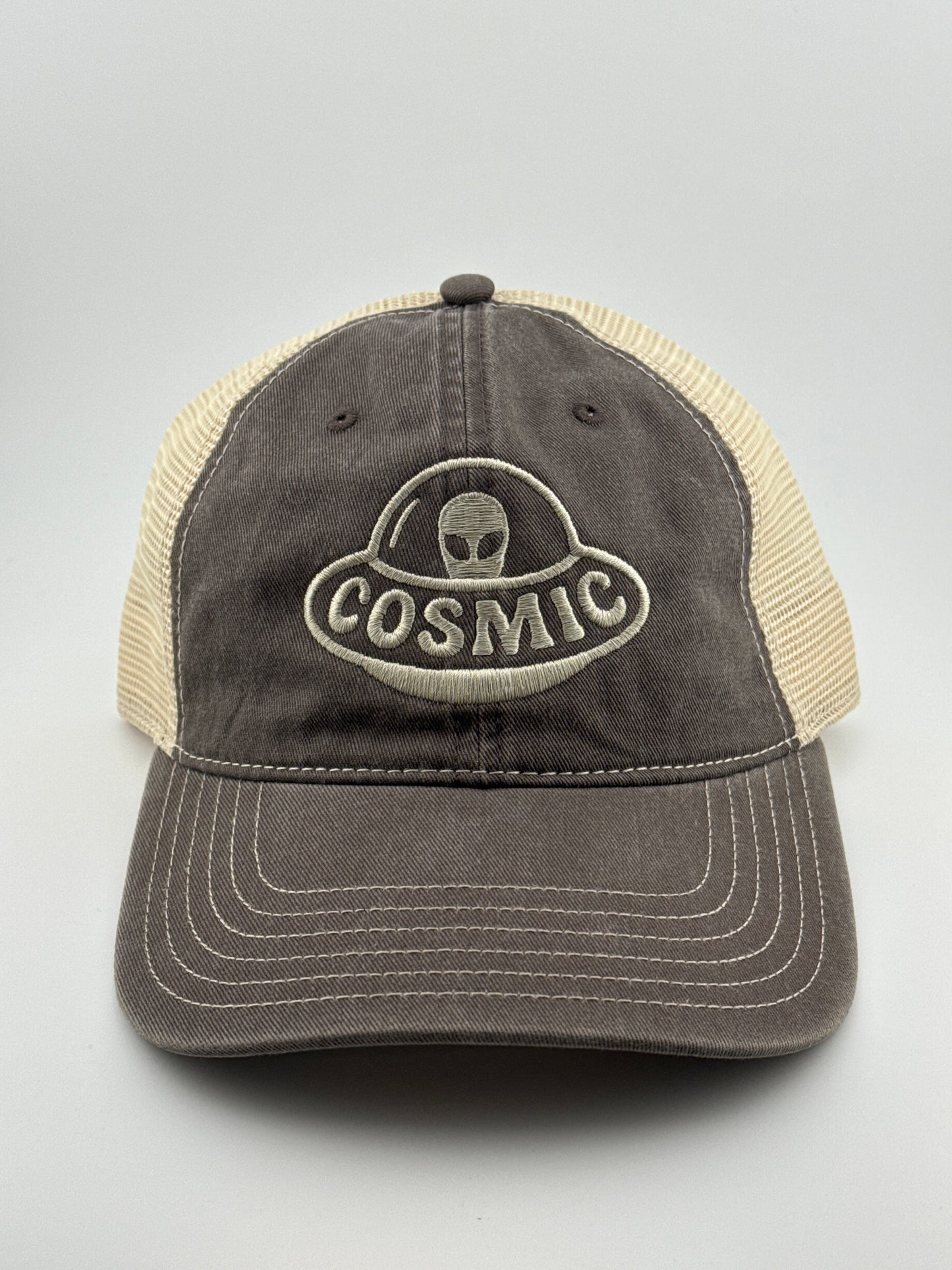Cosmic Alien Washed Pigment Dyed Trucker Hat - Tan/Gray